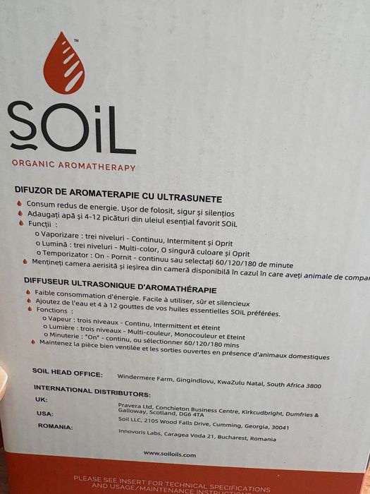 Difuzor Ultrasonic cu lampa led, SOiL, nou, sigilat