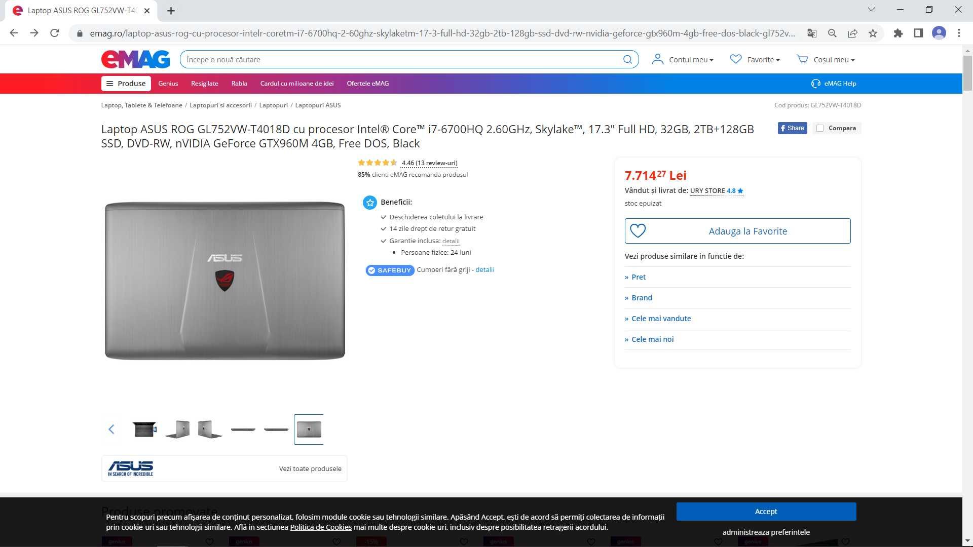 Laptop gaming Asus Republic of Gamers ,procesor i7, ecran  17,3 inch