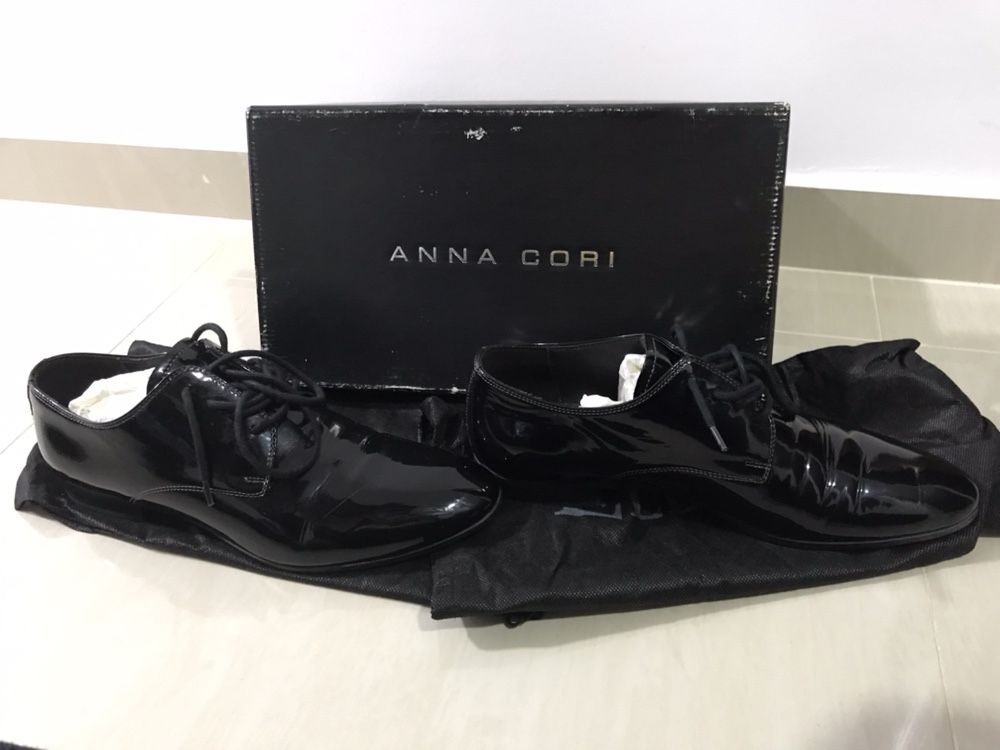 Pantofi barbatesti Ana Cori originali din piele lacuita (negru lucios)