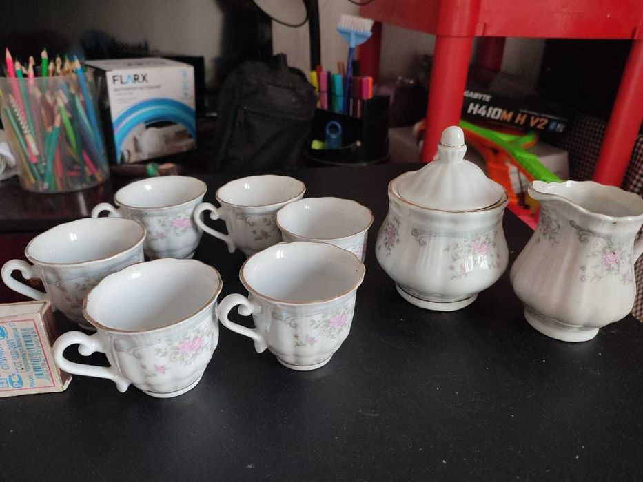 Нежный кофейный набор Сахарница Молочник 6 кружечек фарфор