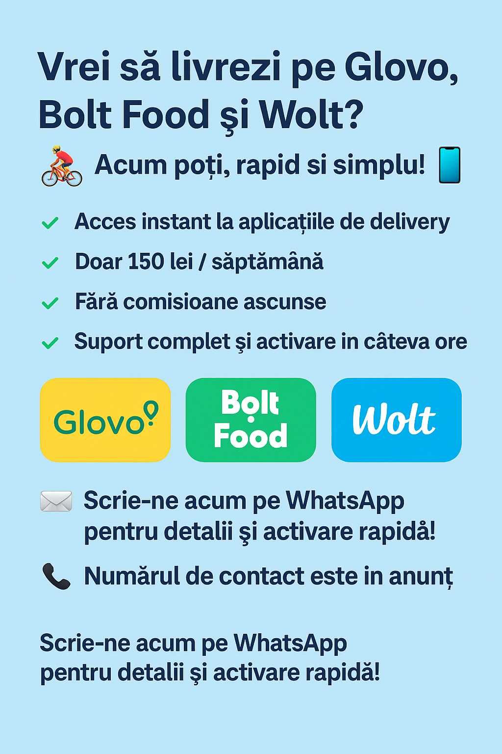 Închiriere acces aplicații Glovo, Bolt Food, Wolt – Doar 150 lei/săpt.