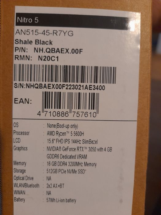 Laptop Gaming ACER Nitro 5,AMD Ryzen5 5600H,16GB RAM,RTX 3050