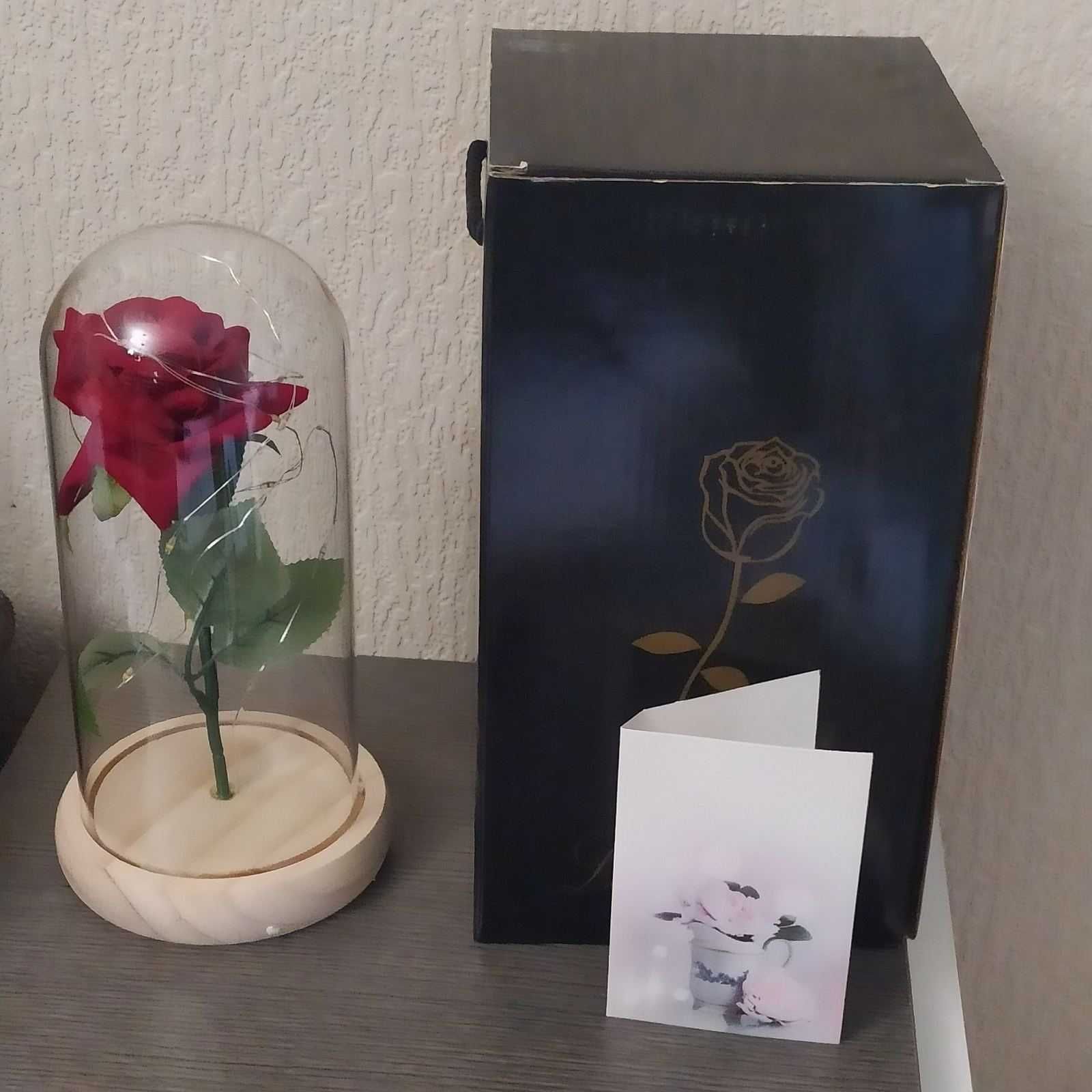 Вечна роза в стъкленица с КАРТИЧКА и осветление!Подарък за жена 8 март