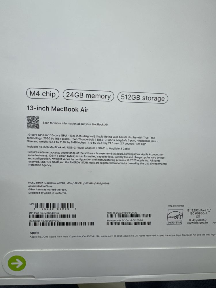 Macbook Air 13.6 24/512 m4 new