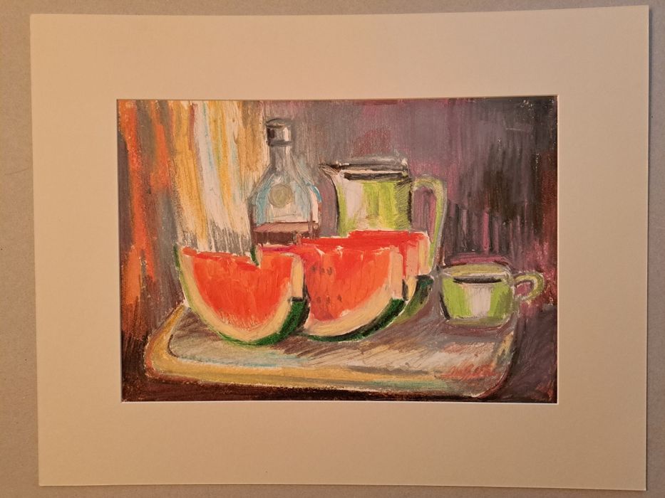 Pictură"Natură statică cu pepene", Mihai Butnaru (n.1937- d.2017)