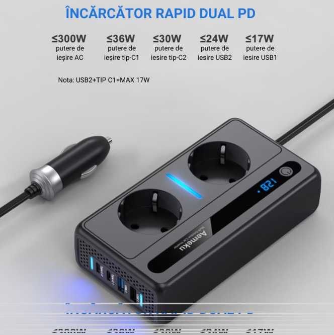 Invertor Auto 12/24 V, Putere 200W/300W, 2 Priza EU, 2 USB, 2 Type-C