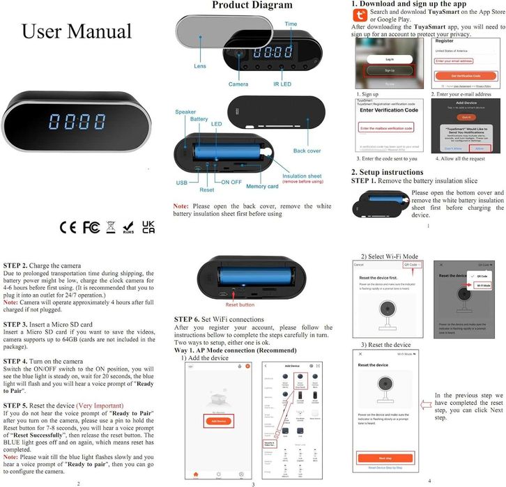 Часовник с камера, HD 1080P WiFi камера с будилник с нощно виждане
