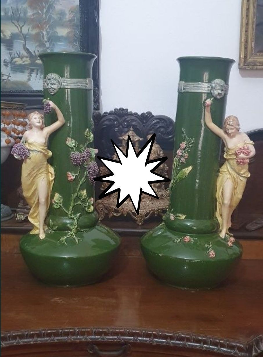 Pereche vaze inceput anii 1900 majolica superbe inaltime 60 cm