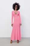 Rochie lungă roz aprins cu mânecă lungă Zara Knit mărimea M