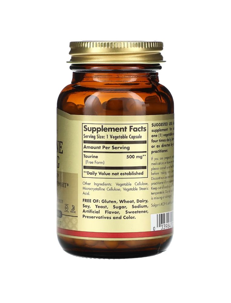 Solgar, Таурин, 500 мг, 100 растительных капсул, Taurine 500 mg