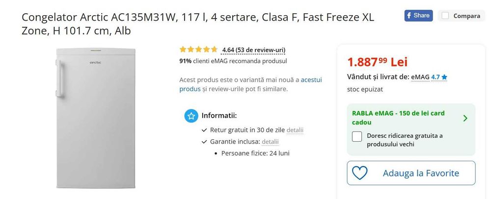Congelator ARCTIC, cu 4 sertare, clasa A+