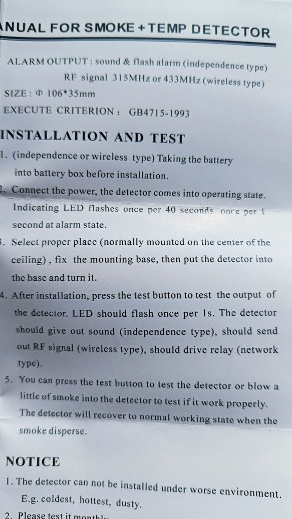 Detector independent incendiu 2 in 1, fum și temperatură.