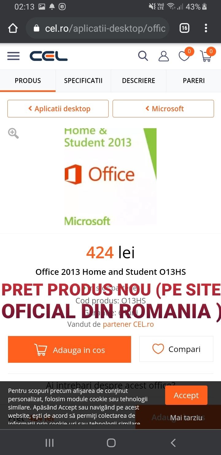 Microsoft Office 2013 Home & Student Medialess ORIGINAL NOU NEFOLOSIT