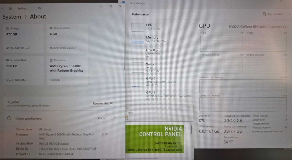 15.6' IPS HP Victus Ryzen 5 5600h/NVIDIA RTX 3050Ti 4GB GDDR6/16GB/512
