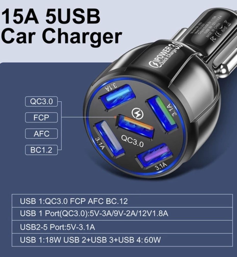 Încărcător auto ultrarapid bricheta masinii 5 porturi USB /15 A
