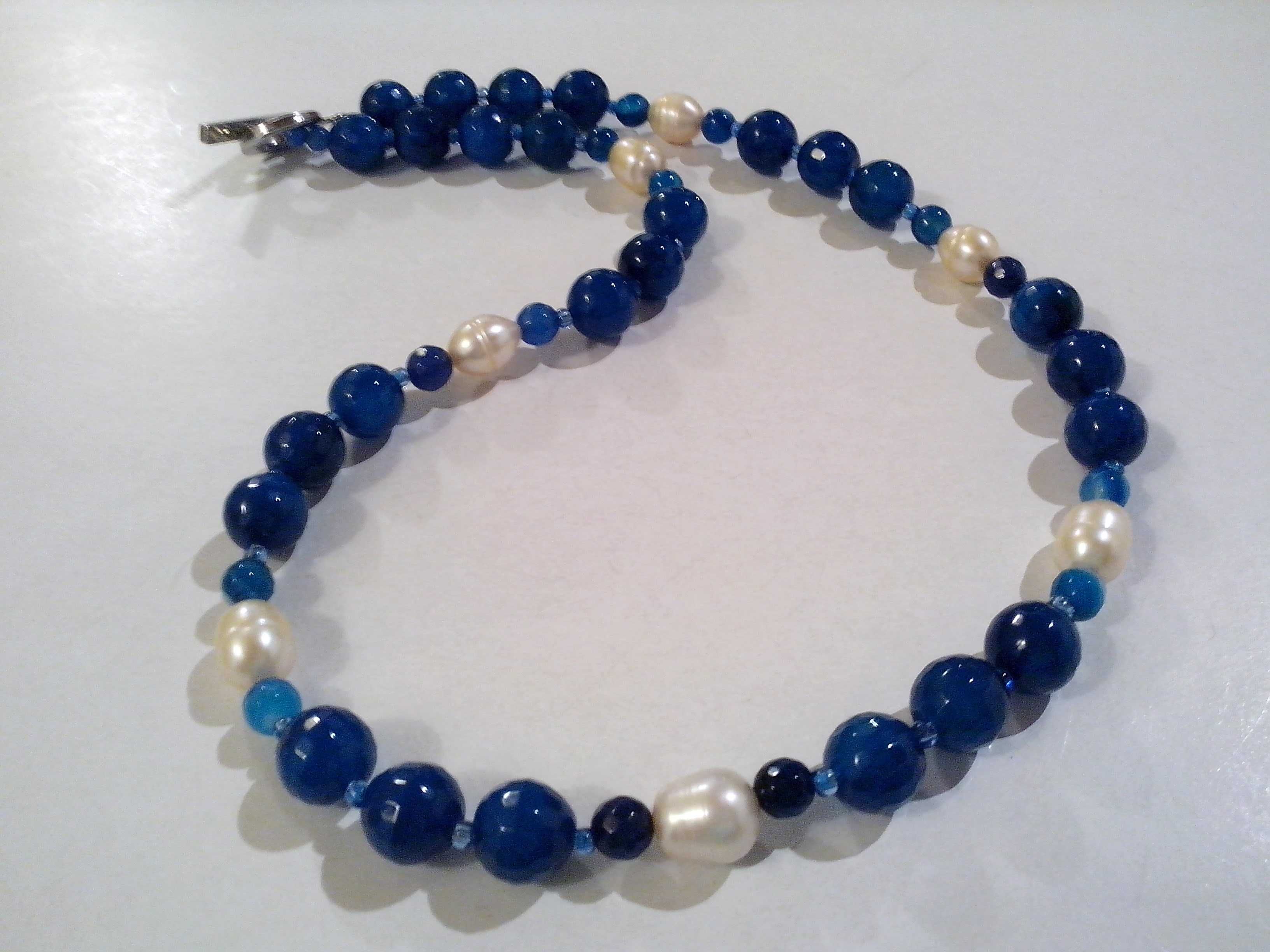 colier agate albastru royal si perle de cultura,perle naturale