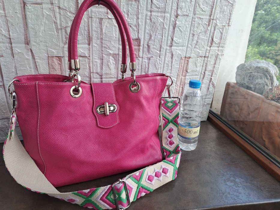 дамска чанта,цикламено розова кожена торба-естествена кожа