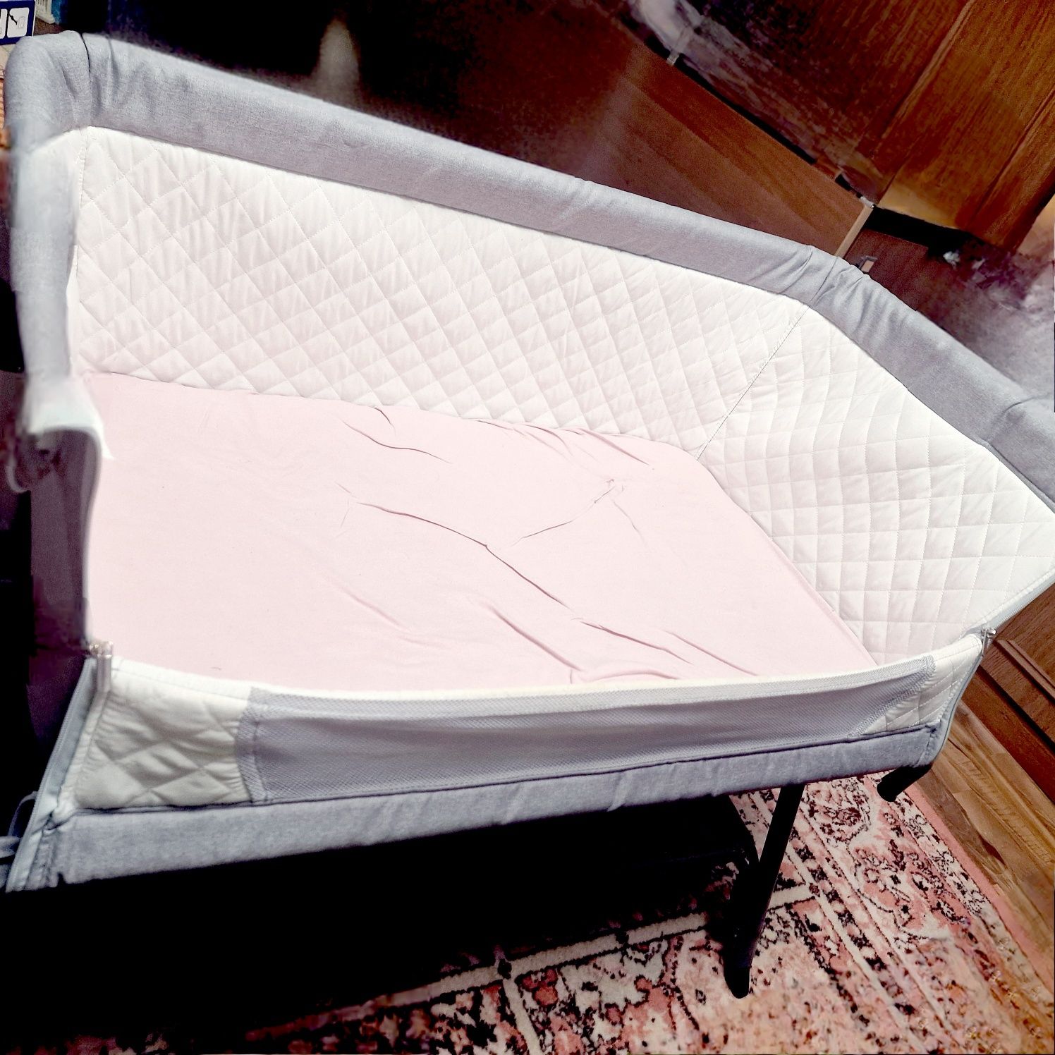 Pat pentru copii cu saltea, gri deschis, pânză textil