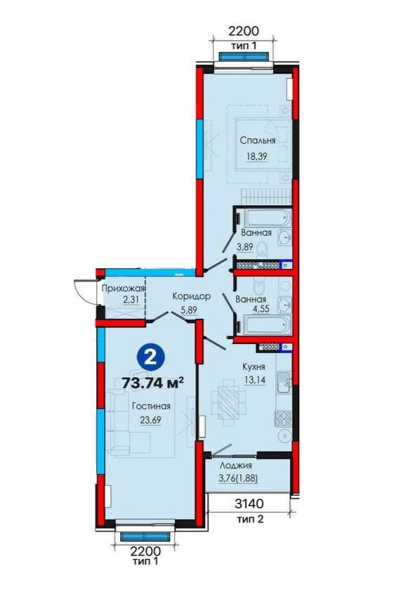 ЖК NRG Jomiy 2/12/12 73,74 м² черновая отделка