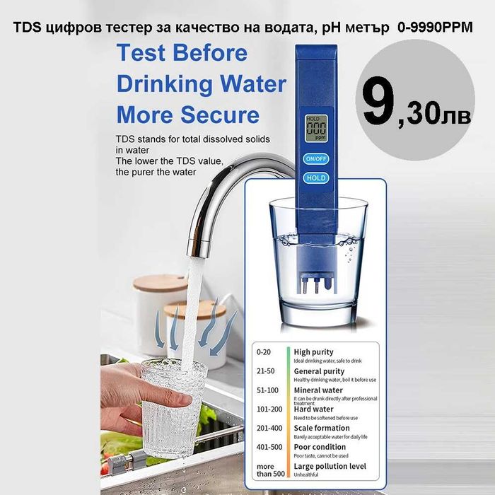 Тестер за качество на питейната вода TDS EC Meter 0-9990 с Термометър