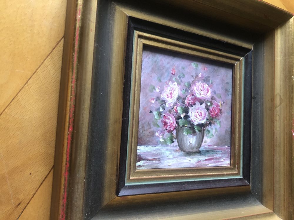 Tablou,pictura in ulei pe lemn,vaza cu trandafiri