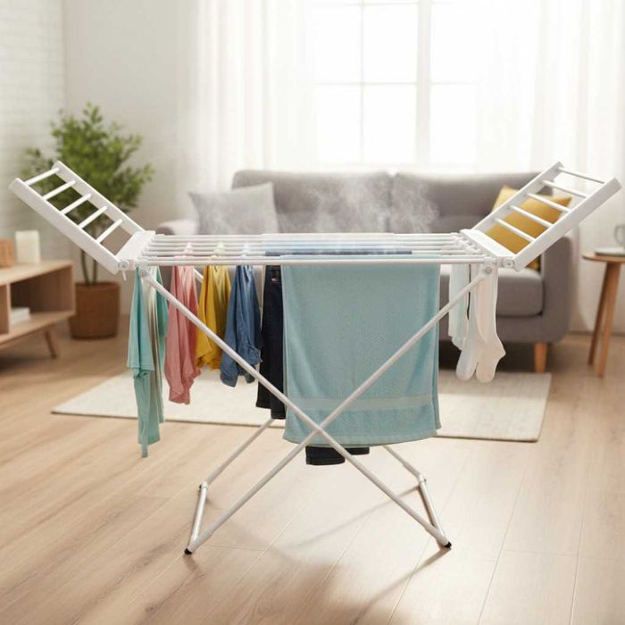 Електрическа сгъваема сушилня за дрехи с отопляеми пръчки.