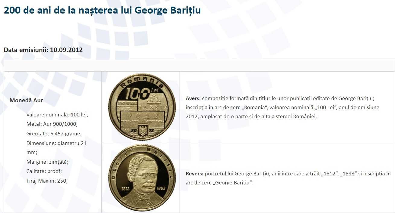 Moneda aur BNR 100 Lei, George Baritiu, gradata NGC PF 69 Top Pop