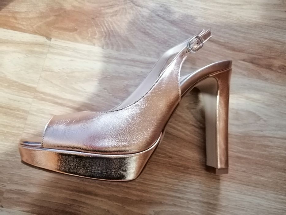 Sandale piele naturala, aurii cu platforma