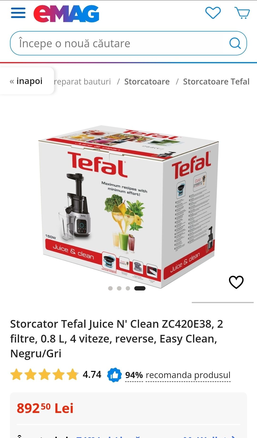 Tefal Juice & Clean - Storcator legume fructe prin presare la rece