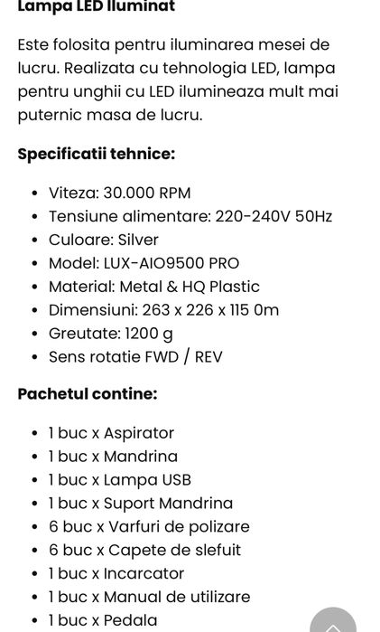 Aspirator cu lampa si freza incorporata LUXURISE PROFESIONALA