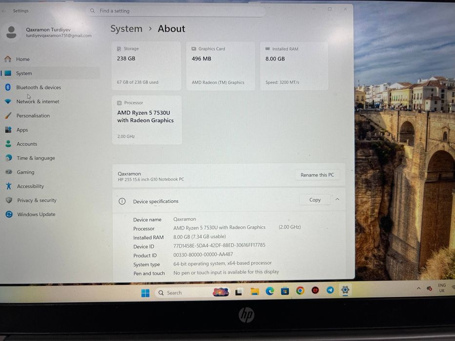 Noutbook HP Ryzen 5 7530 sotiladi