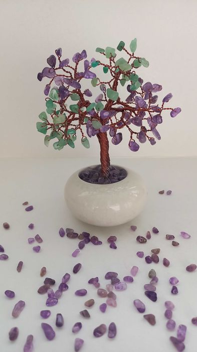Copac din Cristale de Ametist si Citrin in vas de Ceramica, 14cm