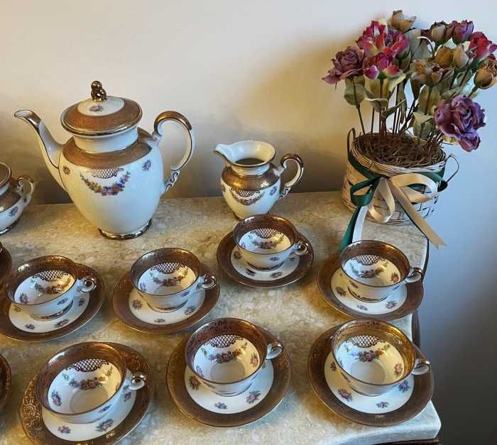 Antic serviciu pt cafea-1945-Bavaria Mitterteich-decoruri aur-Germania
