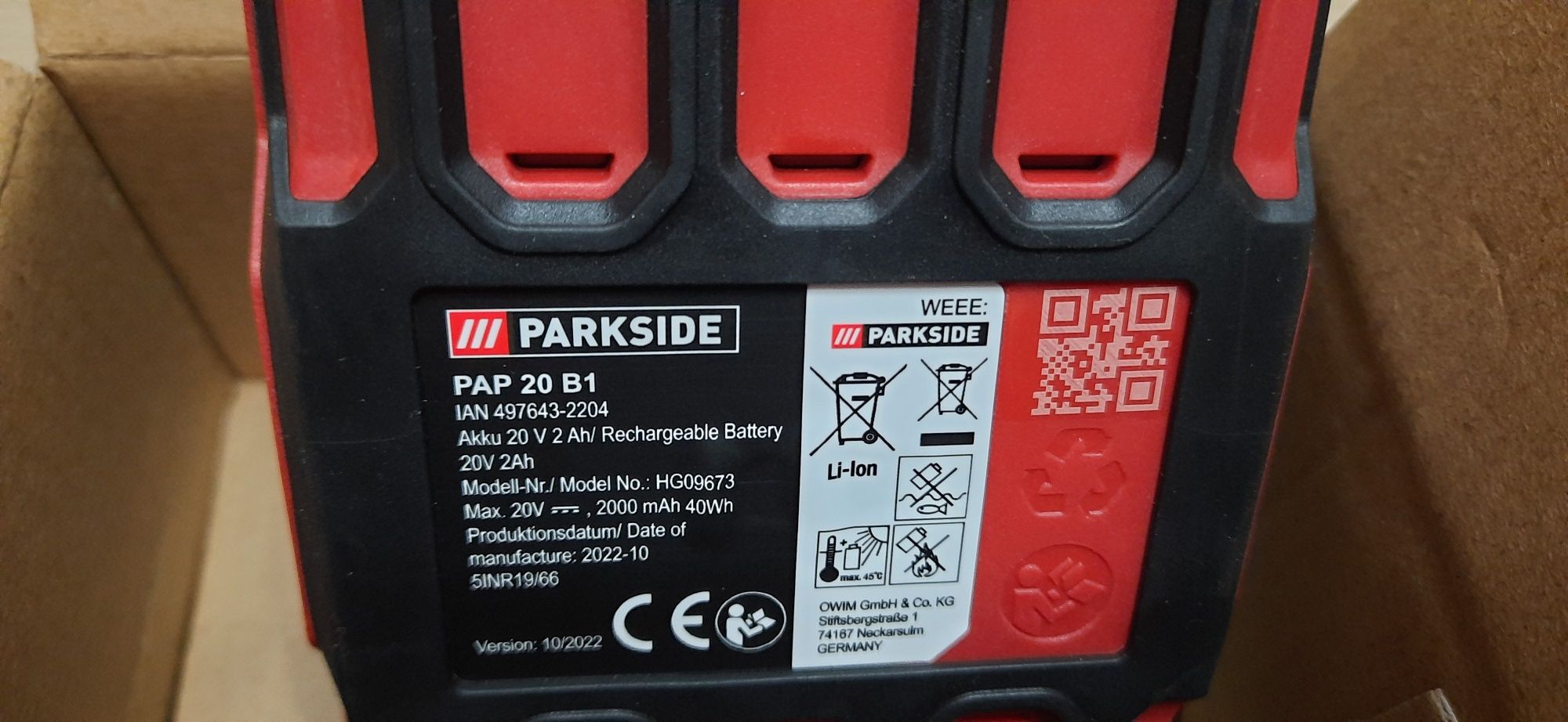 Baterie  lithium-ion Parkside 20V - 2 Ah „X 20 V Team” Nou !