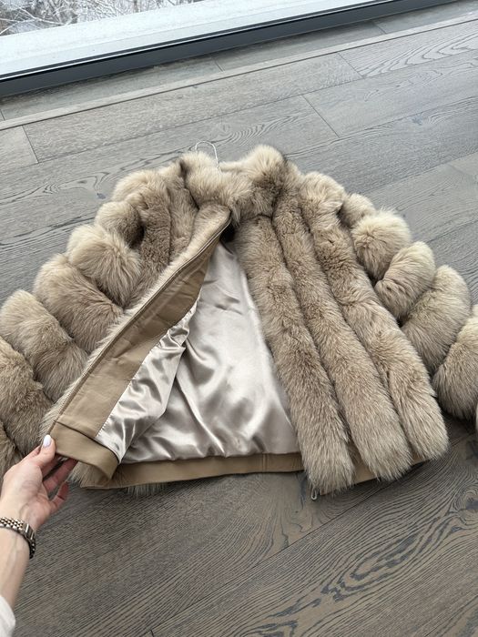 Палто от естествен косъм лисица и естествена кожа светло кафяво