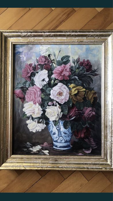 Tablou,pictura in ulei pe panza,vaza cu trandafiri,semnat ‘