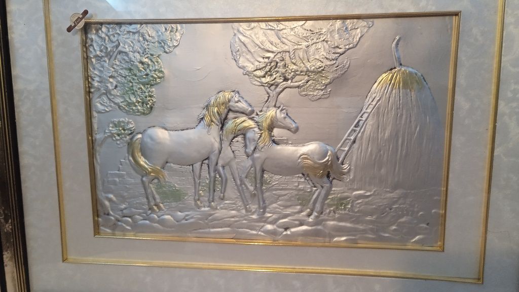 Tablou vechi cu cai in relief, argint 925, made Italia, lucrat manual