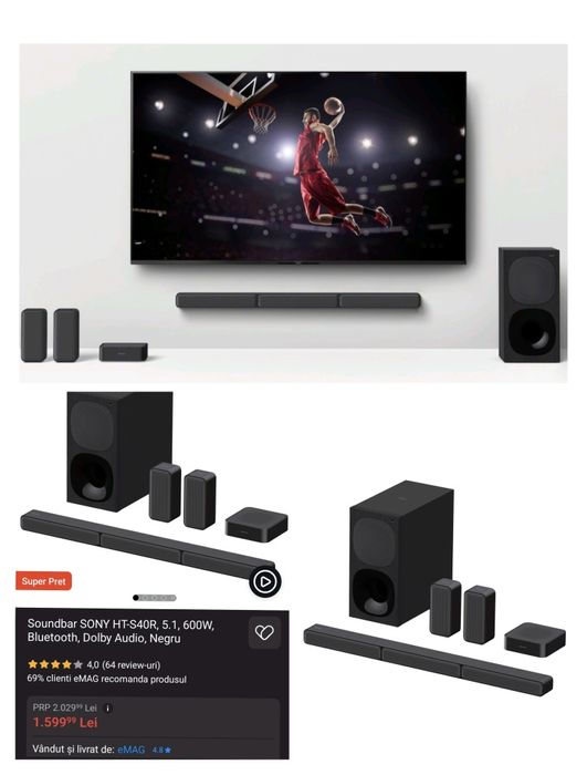 Soundbar SONY HT-S40R, 5.1, 600W, Bluetooth, Dolby Audio, Home Cinema