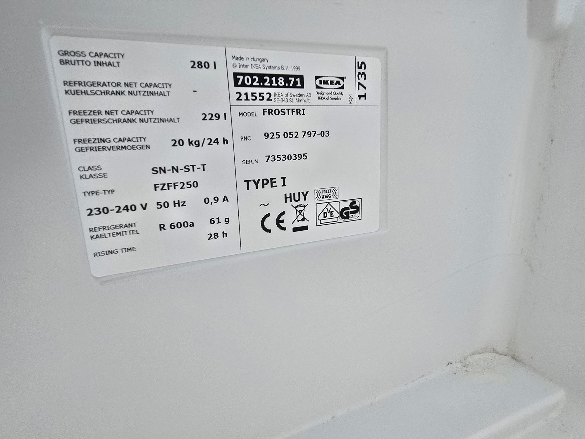 Вертикален фризер Ikea/Electrolux 280 литра инокс No Frost