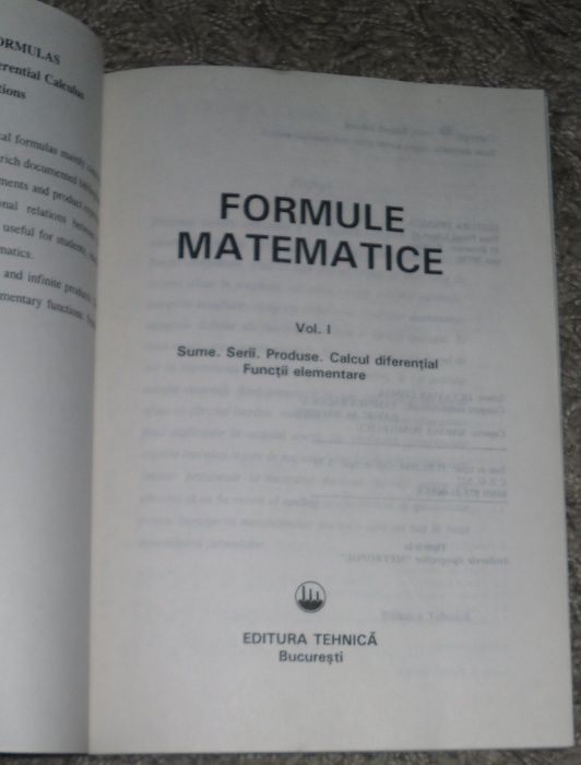 Formule matematice Vol 1 Sume Serii Calcul diferential Functii ed tehn