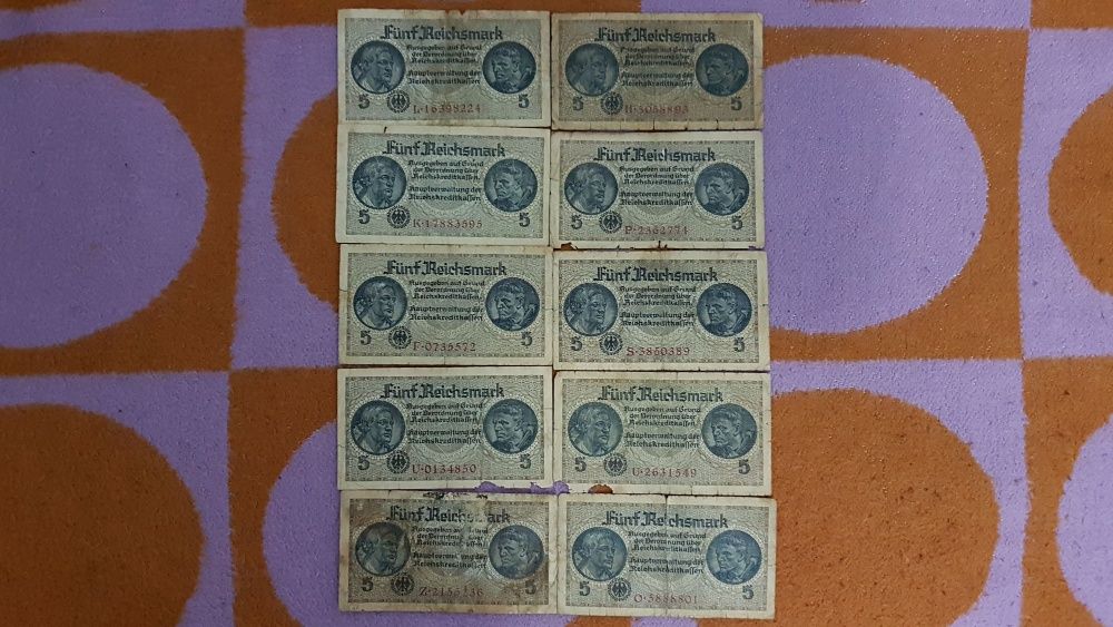 RARITATE.Lot 10 buc.5 Reichmark,anii 1940-1945