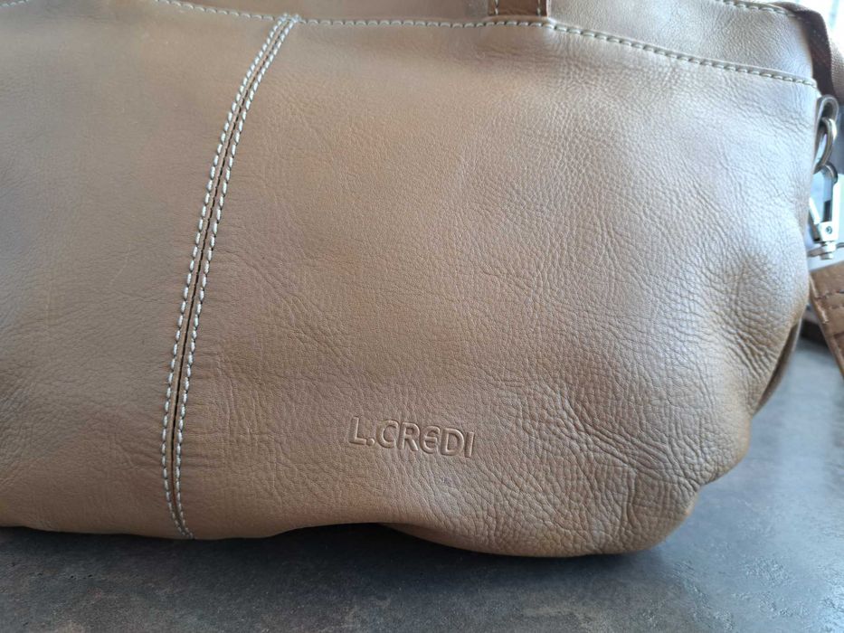 дамска чанта,L.CREDI,бежова кожена торба-естествена кожа