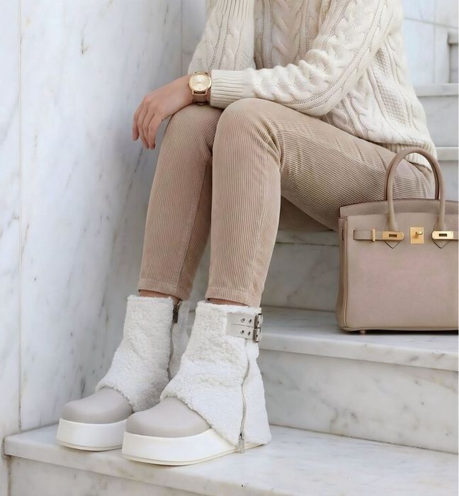 Боти на платформа - бежова кожа 36-40 номер