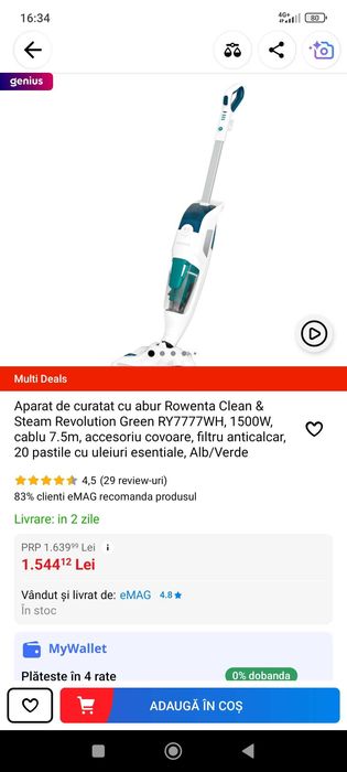 Aparat de curatat cu abur Rowenta 1500W