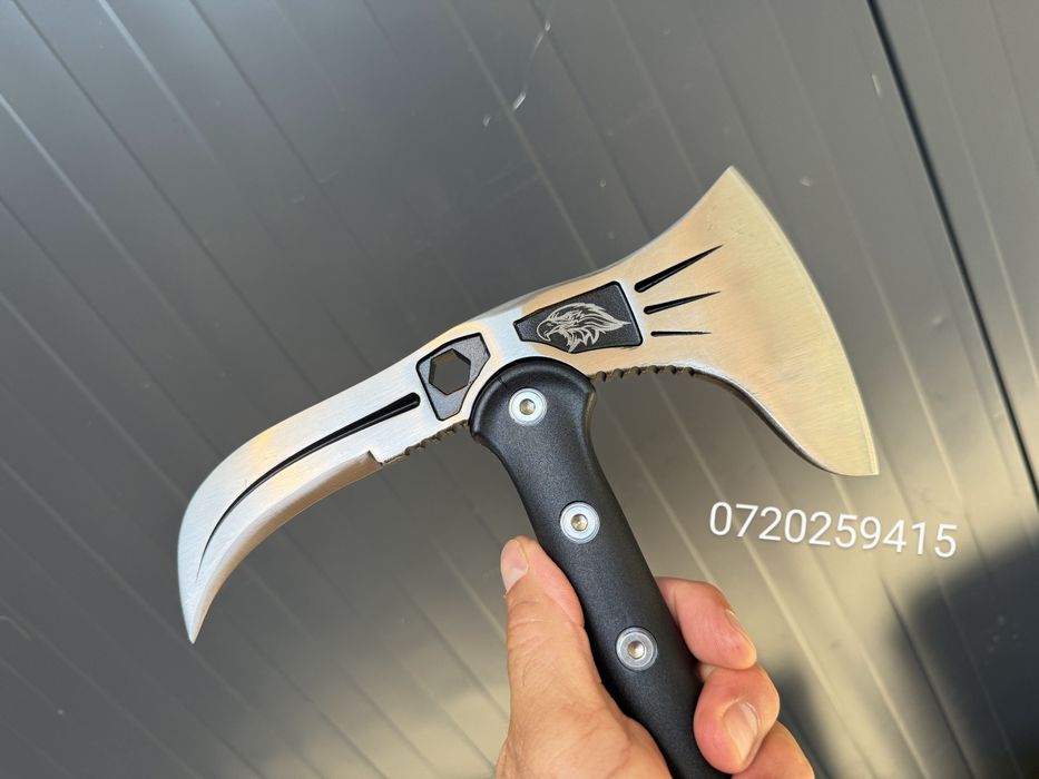 Topor tactic cu 2 taisuri pentru camping si drumetii otel, teaca