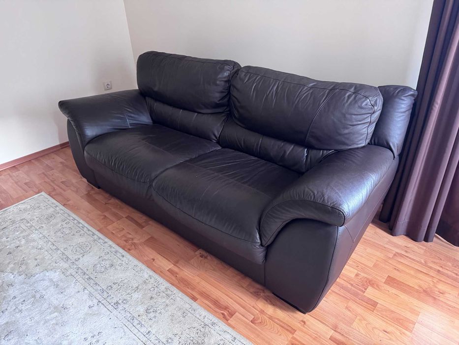 Кафяв кожен диван 3ка от естествена кожа! 210х100х83см