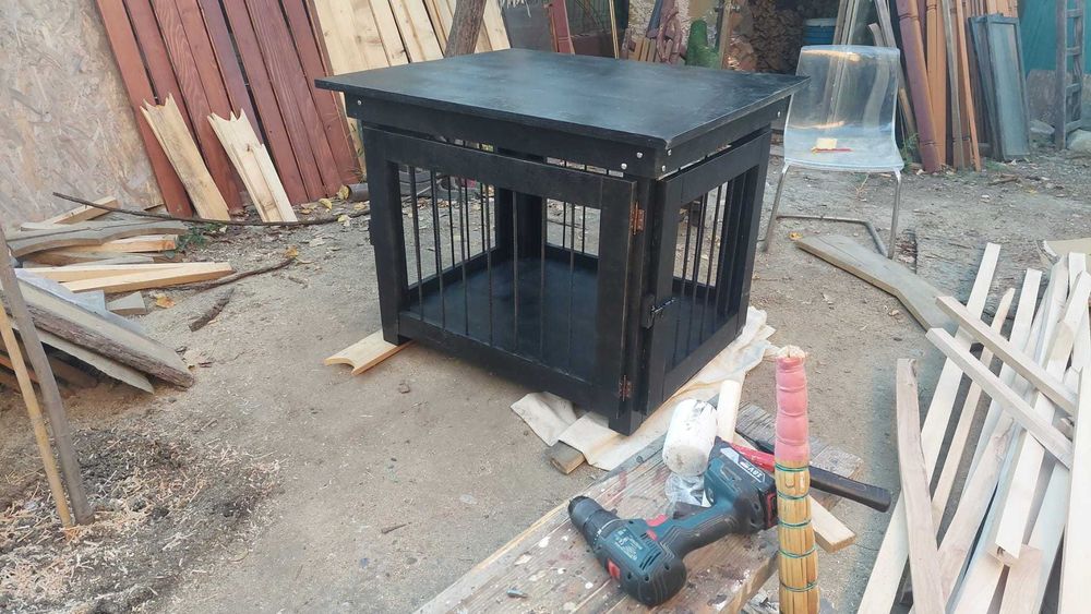 cușcă - masă transformabilă din stejar masiv pentru câini talie mare