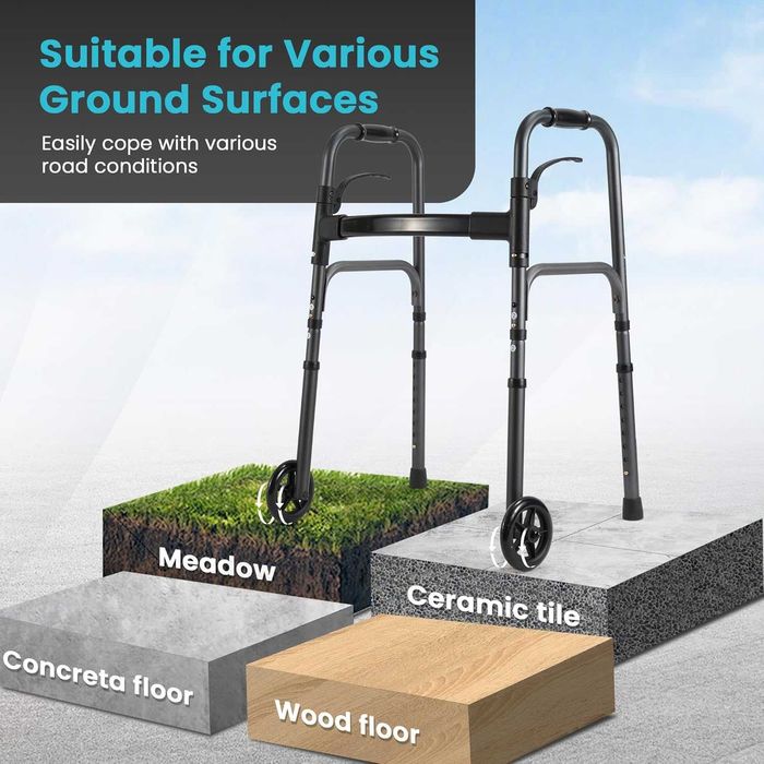 НОВА! Лека сгъваема проходилка с колелца, регулируема и тригер функция