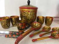 Лот ретро руски дървени прибори (посуда) - чаши, лъжици, купа, хохлома