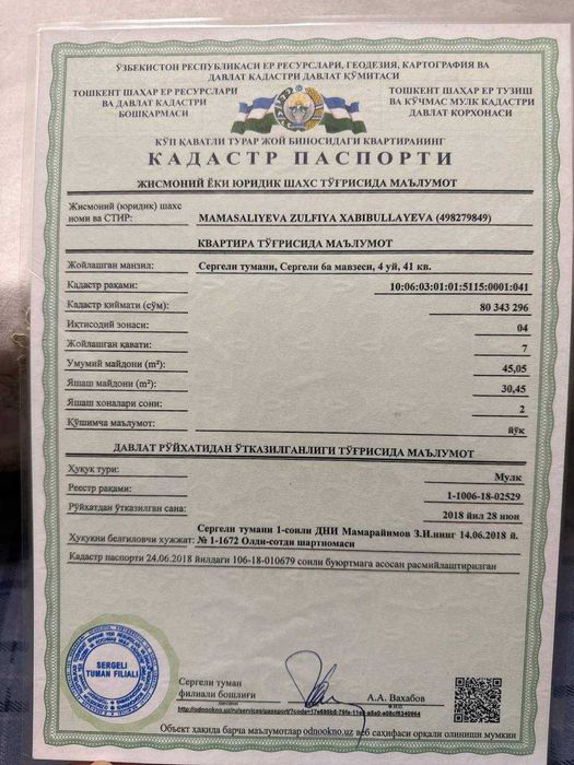 Сергели 6а 2х комнатная квартира